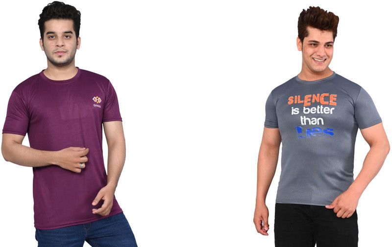 Pack of 2 Men Printed Round Neck Elastane Purple, Grey T-Shirt