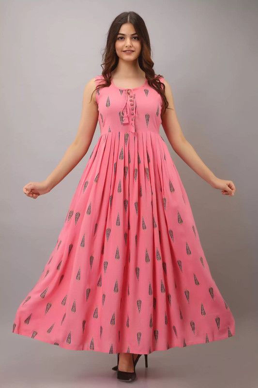 Printed Rayon Blend Stitched Anarkali Gown  (Pink)