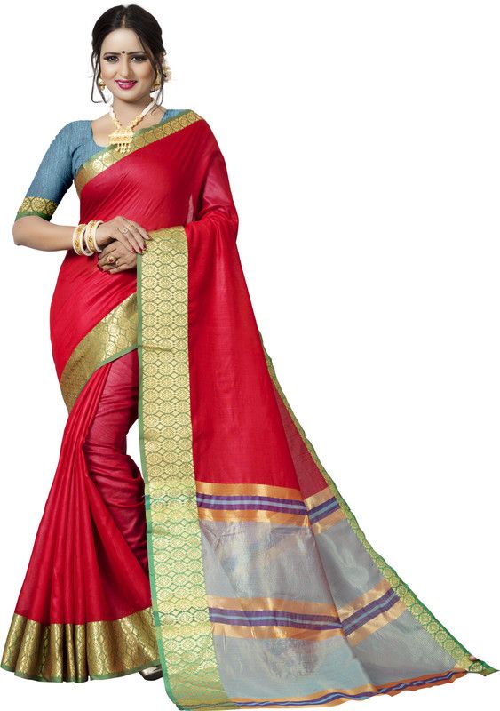Embellished Kanjivaram Cotton Blend, Cotton Silk Saree  (Red)