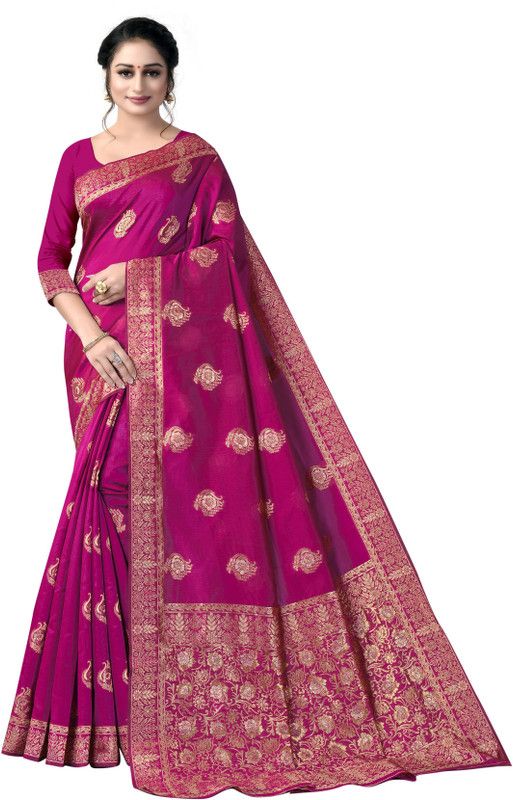 Printed Banarasi Silk Blend Saree  (Magenta)