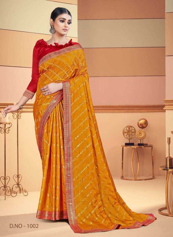 Striped Patola Cotton Silk Saree  (Yellow)
