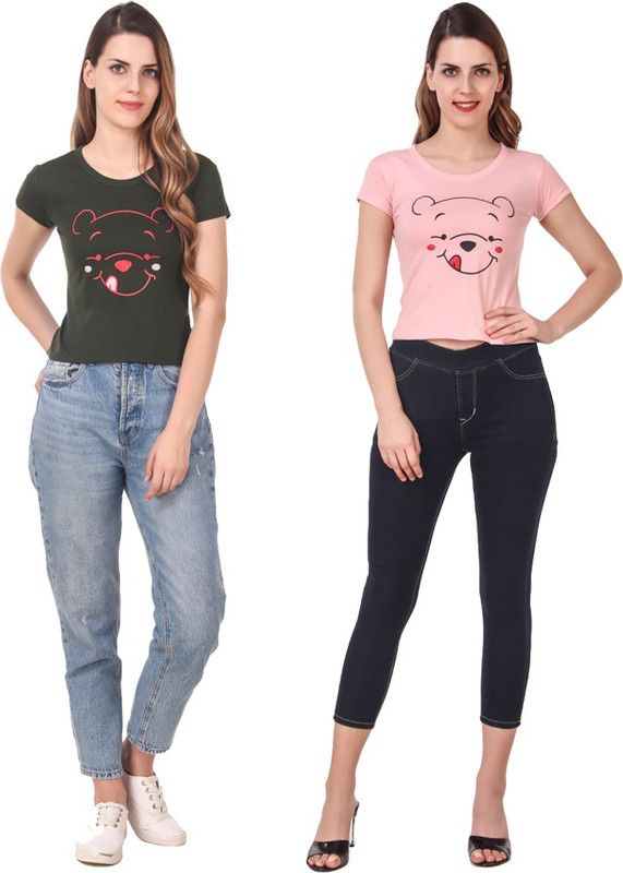 Pack of 2 Women Printed Round Neck Cotton Blend Black, Pink T-Shirt