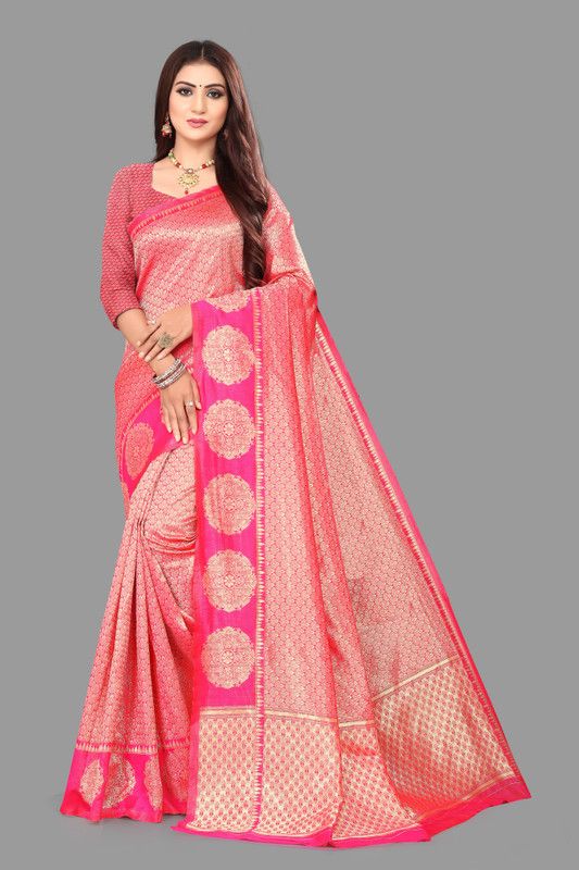 Embellished, Woven Kanjivaram Jacquard, Pure Silk Saree  (Pink)
