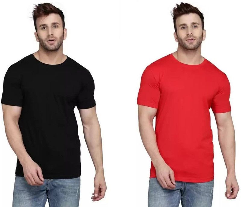 Pack of 2 Men Solid Round Neck Pure Cotton Red, Black T-Shirt