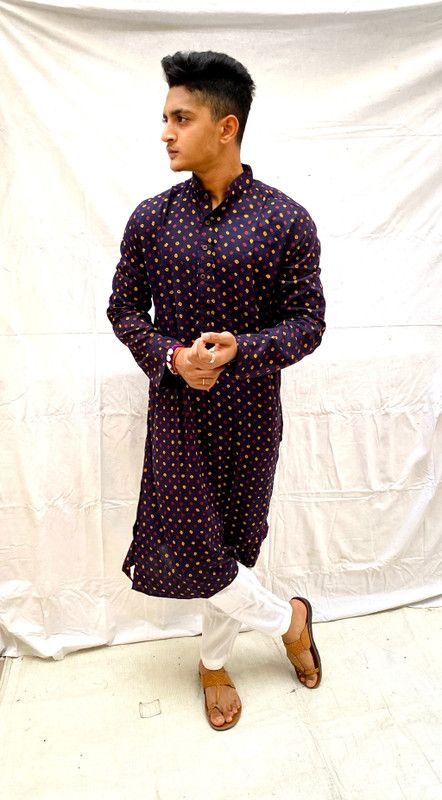 Men Bandhani Pure Cotton Straight Kurta  (Blue)