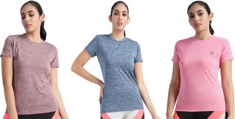 Pack of 3 Women Self Design Round Neck Polyester Maroon, Blue, Pink T-Shirt