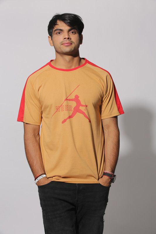 Men Printed Round Neck Poly Cotton Orange T-Shirt
