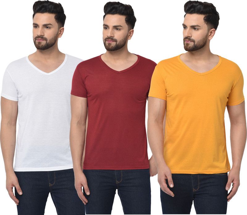 Pack of 3 Men Solid V Neck Cotton Blend White, Maroon, Yellow T-Shirt