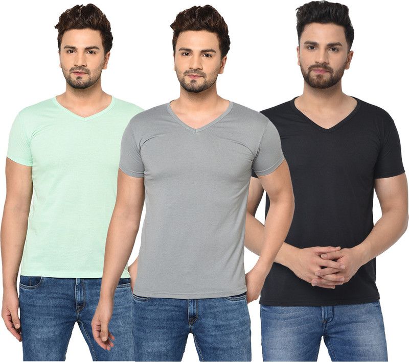 Pack of 3 V neck Combo T-shirts Multicolor Men Solid V Neck Cotton Blend Black, Grey, Light Green T-Shirt