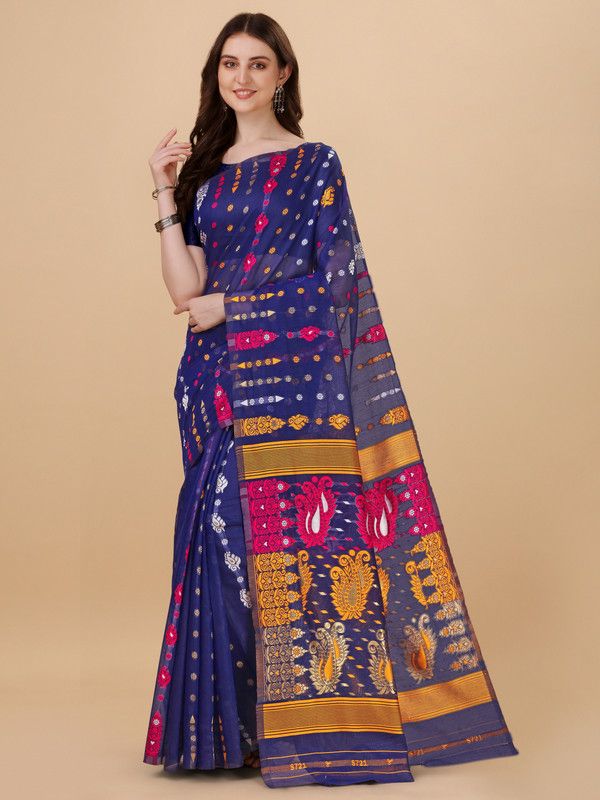 Woven Jamdani Cotton Linen Saree  (Blue)