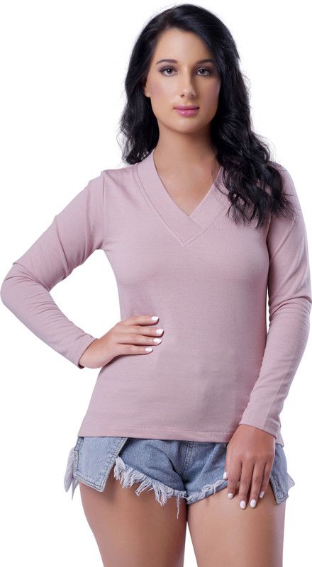 Women Solid V Neck Cotton Blend Pink T-Shirt