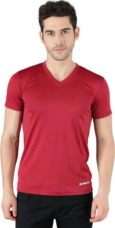 MAROONDRYMEN001 Men Sporty V Neck Elastane Maroon T-Shirt