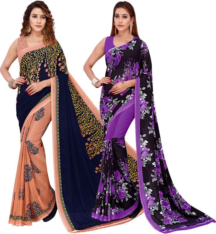 Daily Wear Georgette Saree  (Pack of 2, Multicolor, Blue, Beige)