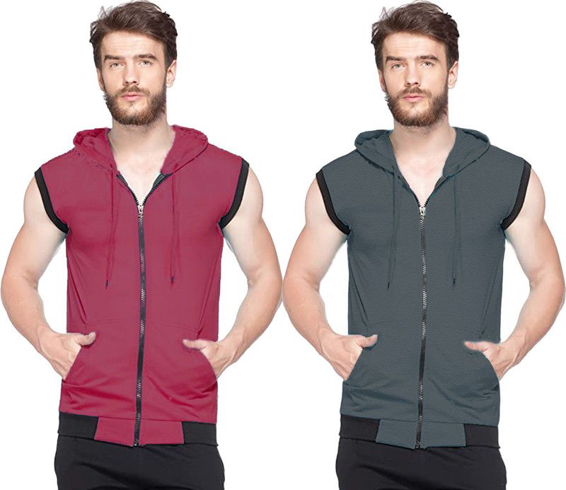 Pack of 2 Men Solid Hooded Neck Cotton Blend Maroon, Grey T-Shirt
