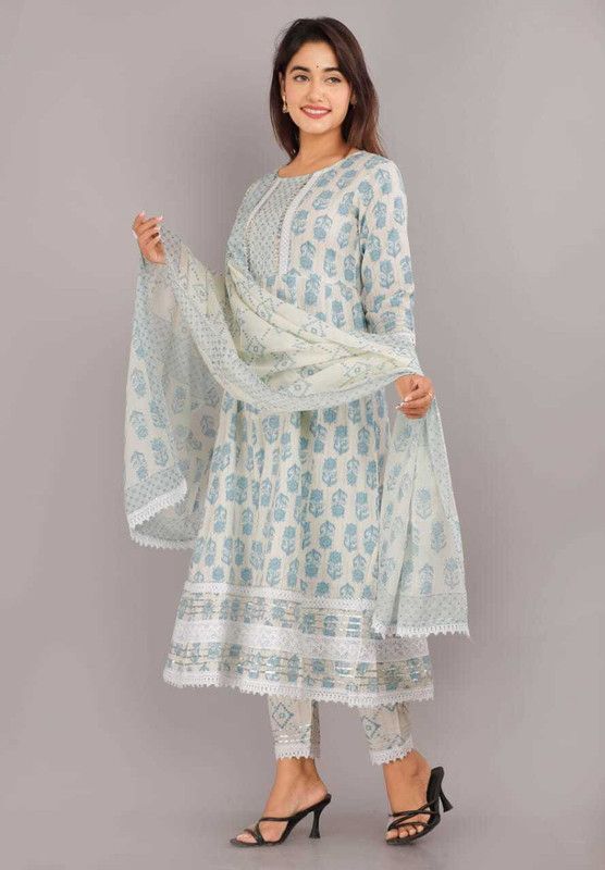 Pack of 3 Women Embroidered, Floral Print Cotton Blend A-line Kurta  (Blue)