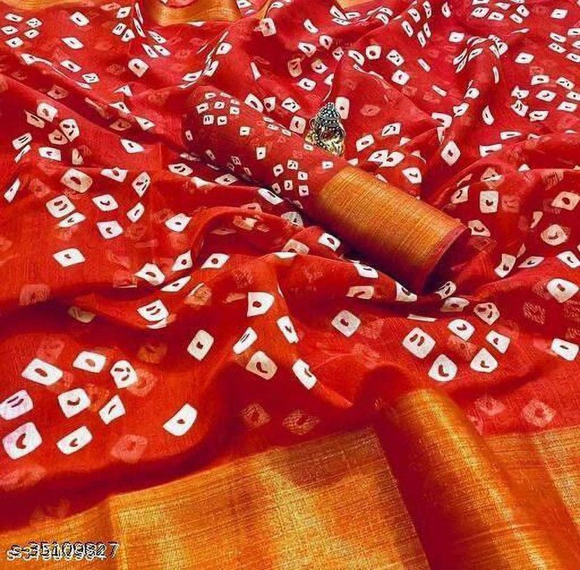 Printed Bandhani Cotton Silk Saree  (Red)
