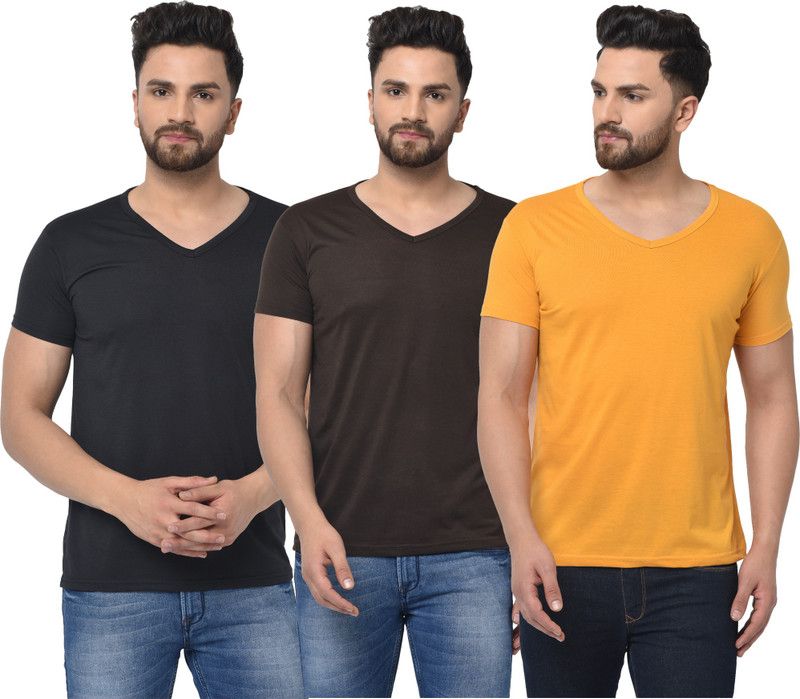 Pack of 3 Men Solid V Neck Cotton Blend Brown, Black, Yellow T-Shirt