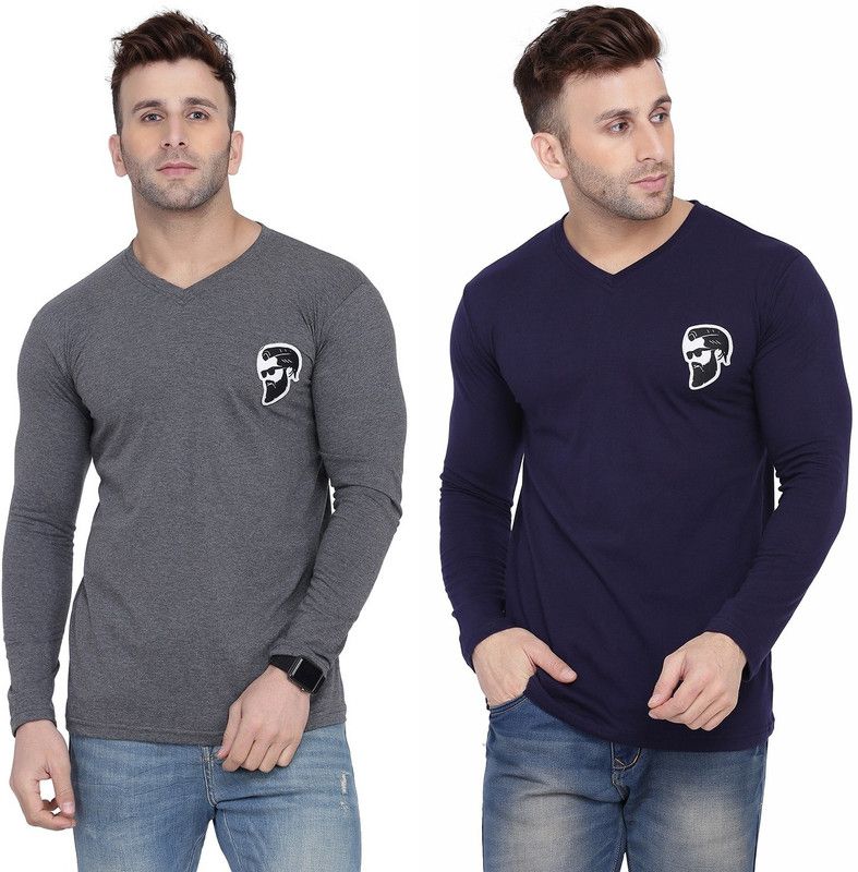 Pack of 2 Faizaan Men Solid V Neck Cotton Blend Dark Blue, Grey T-Shirt