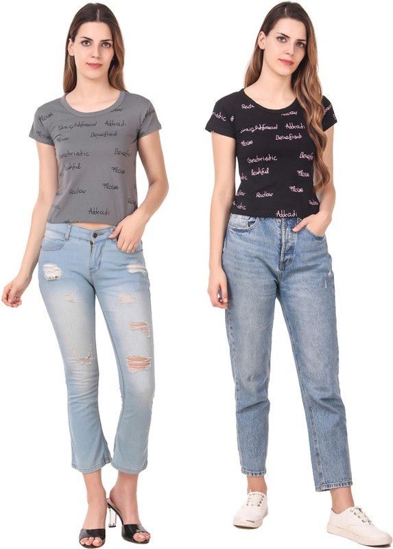 Pack of 2 Casual Regular Sleeves Printed Women Black, Grey Top