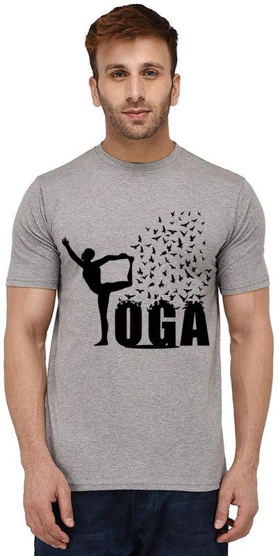 Yoga Bird Men Printed Round Neck Pure Cotton Grey T-Shirt
