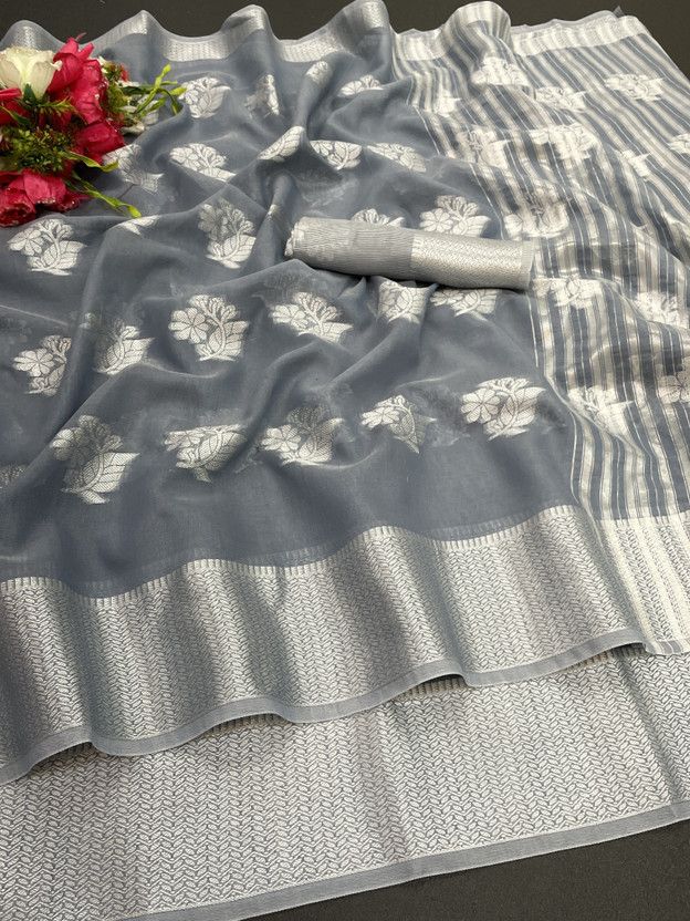 Self Design Bollywood Cotton Silk Saree  (Grey)