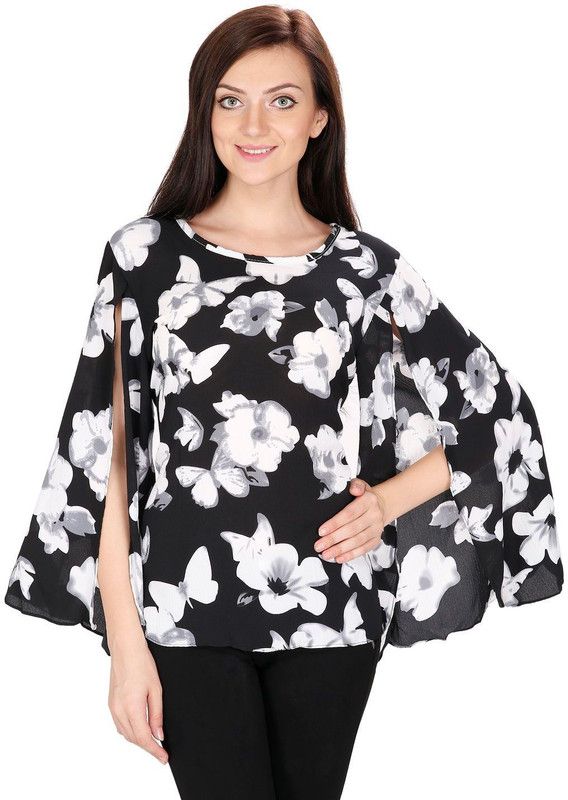 Party Kimono Sleeves Printed Women Black Top