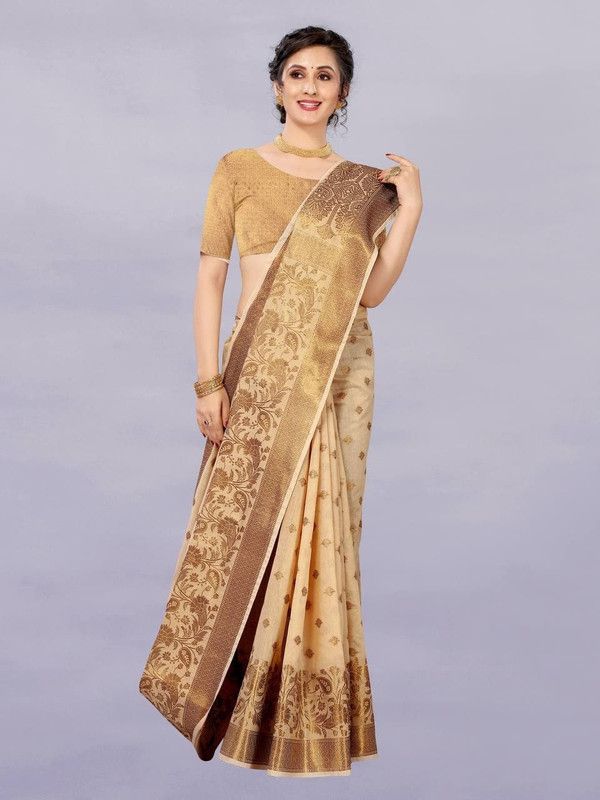 Printed, Self Design, Embellished, Woven, Floral Print, Blocked Printed Bollywood Cotton Blend Saree  (Beige)