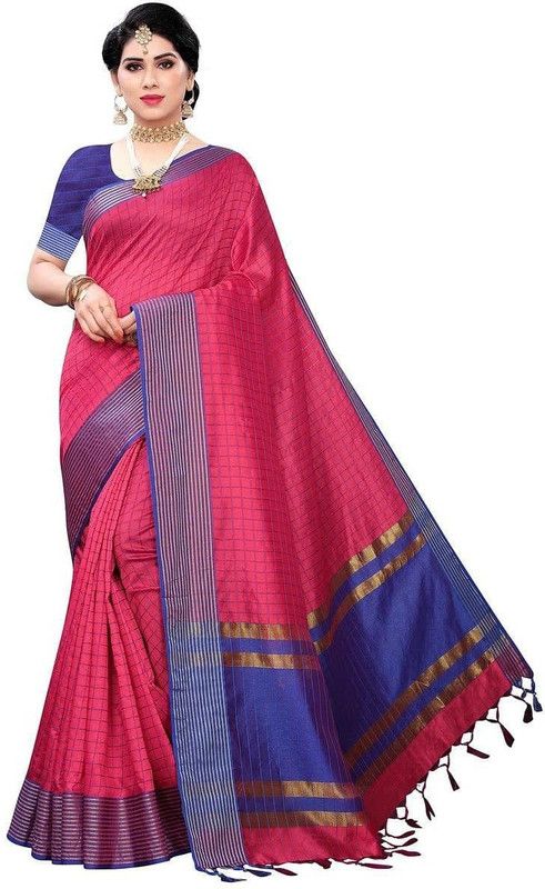 Checkered Banarasi Jacquard, Cotton Silk Saree  (Pink)