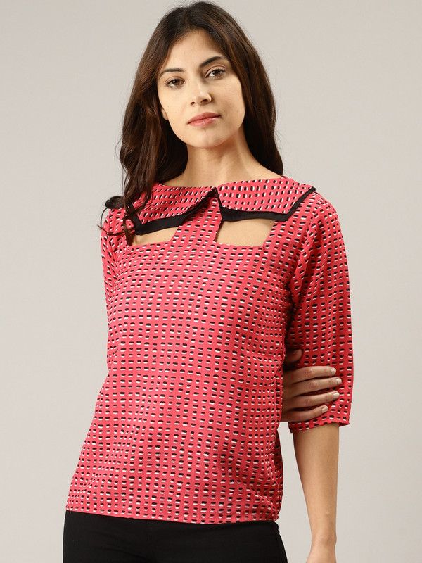 Party Regular Sleeves Printed Women Pink, Black Top