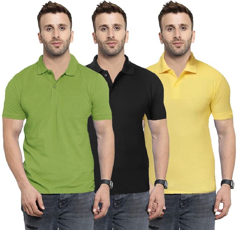 Pack of 3 Men Solid Polo Neck Reversible Cotton Blend Black, Light Green, Yellow T-Shirt