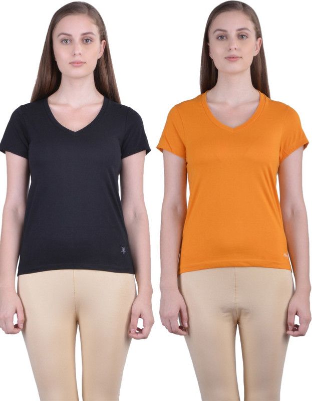 Pack of 2 Casual Regular Sleeves Solid Women Gold, Black Top