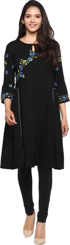 Women Floral Print, Solid Viscose Rayon A-line Kurta  (Black)