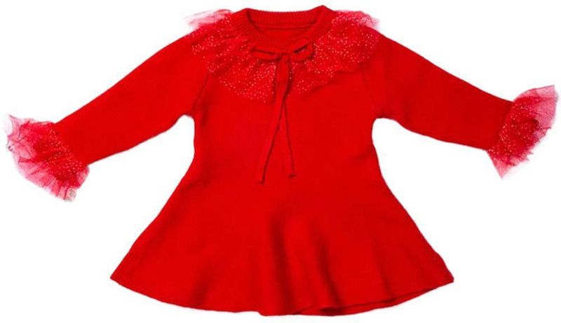 Girls Short/Mid Thigh Casual Dress  (Red, Full Sleeve)