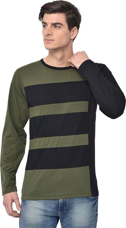 Men Colorblock Round Neck Cotton Blend Green, Black T-Shirt