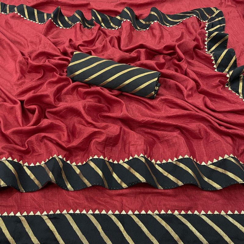 Leheria Art Silk Saree  (Maroon, Black)
