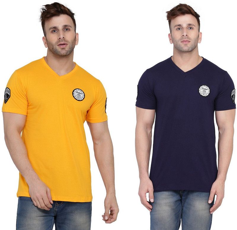 Printed Men Yellow, Black T-Shirt  (Pack of 2)