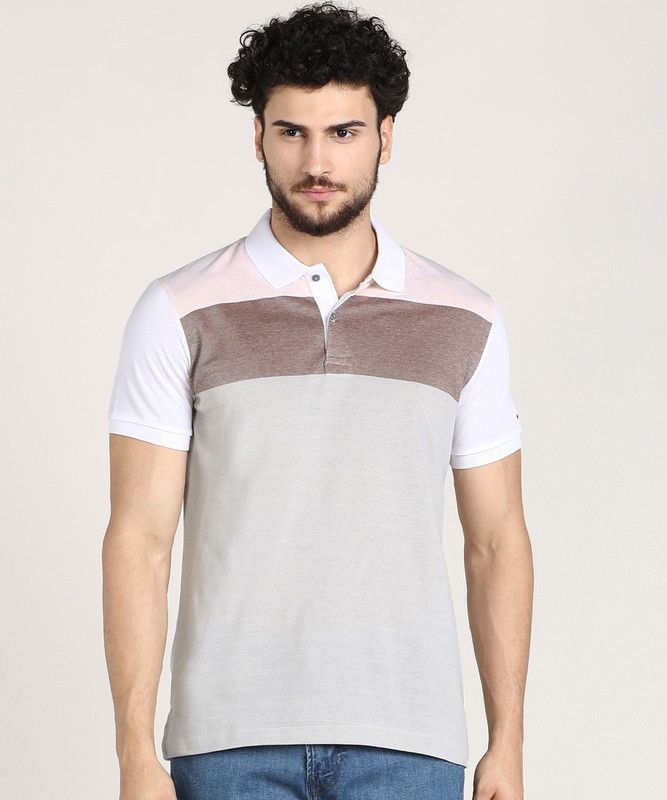 Men Colorblock Polo Neck Pure Cotton Grey T-Shirt