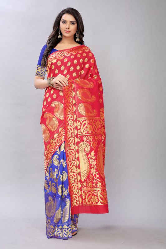 Woven Bollywood Silk Blend, Jacquard Saree  (Red, Blue)