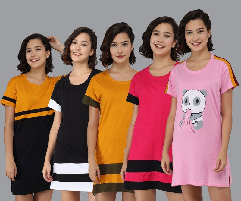 Pack of 5 Women Nightshirts  (Multicolor)