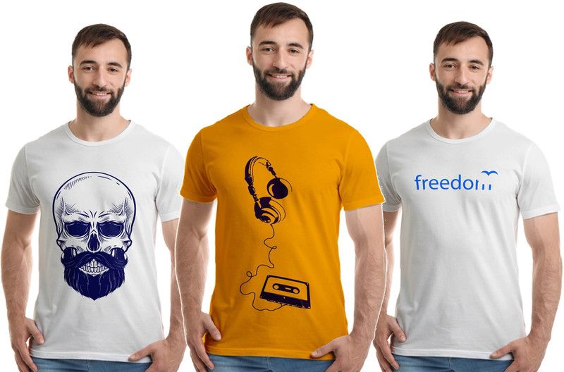 Pack of 3 Men Graphic Print Round Neck Pure Cotton Gold, White T-Shirt
