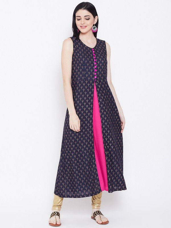 Women Embroidered Viscose Rayon A-line Kurta  (Dark Blue, Pink)