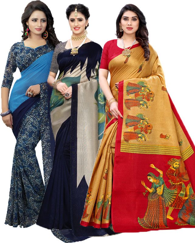 Printed Bollywood Georgette Saree  (Pack of 3, Blue, Dark Blue, Red)