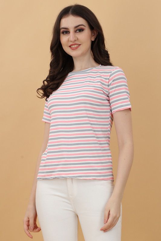 Striped Women Pink T-Shirt
