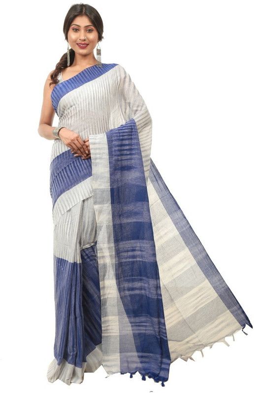Self Design, Striped Handloom Handloom Pure Cotton Saree  (White)