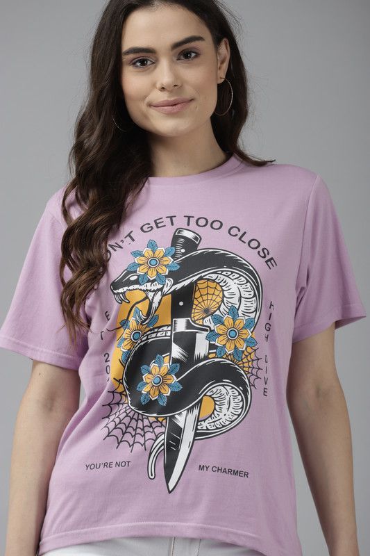 Women Printed, Typography Round Neck Pure Cotton Purple T-Shirt