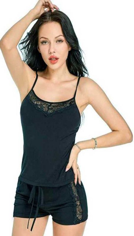Women Night Suit Set Black Self Design