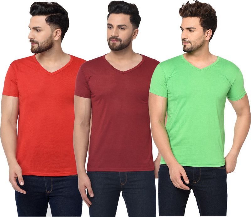 Pack of 3 V neck Combo T-shirts Multicolor Men Solid V Neck Cotton Blend Red, Green, Maroon T-Shirt