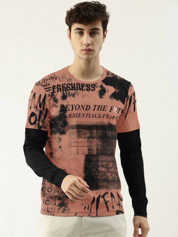 Men Printed, Typography Round Neck Pure Cotton Pink, Black T-Shirt