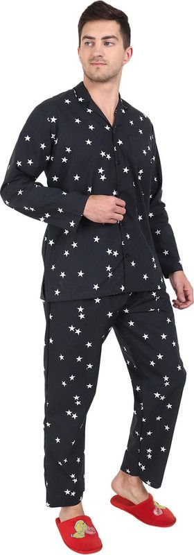 Men Top & Pyjama Set Black Printed