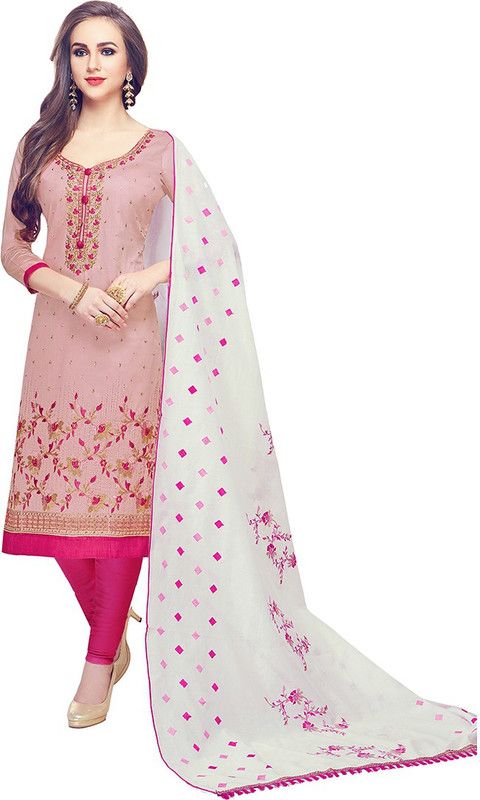 Semi Stitched Cotton Silk Kurta & Churidar Material Solid, Embroidered, Printed